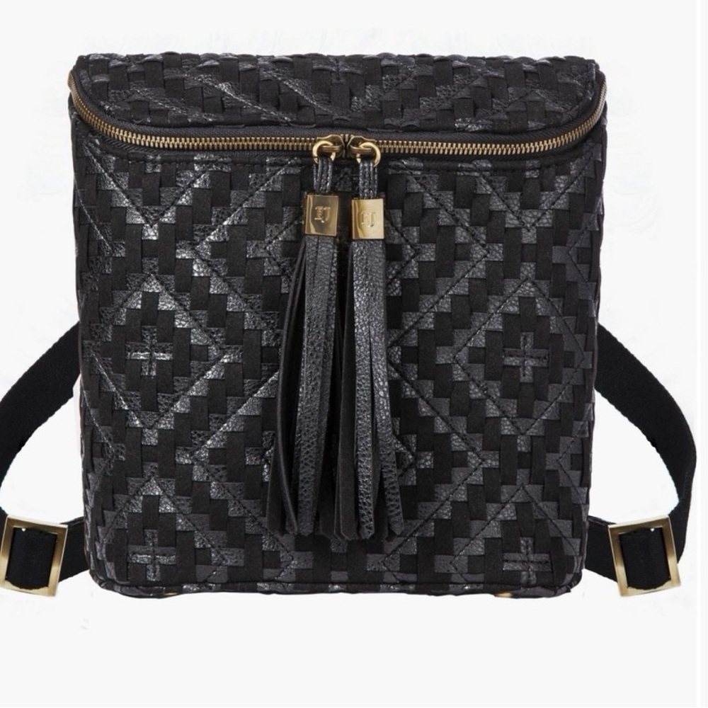 Elegant Black Geometric Backpack with Tassels